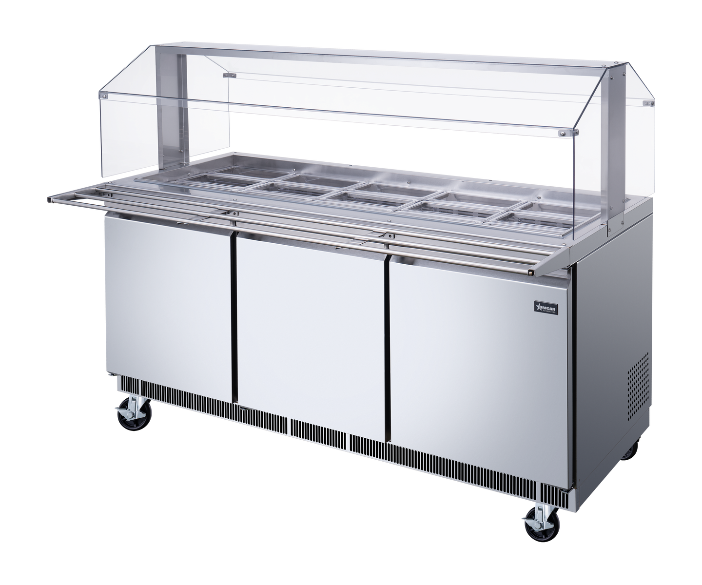 Omcan 50090 72 In. Stainless Steel Refrigerated Salad Bar, 15 Pan Capacity, Sneeze Guard, Tray Slide