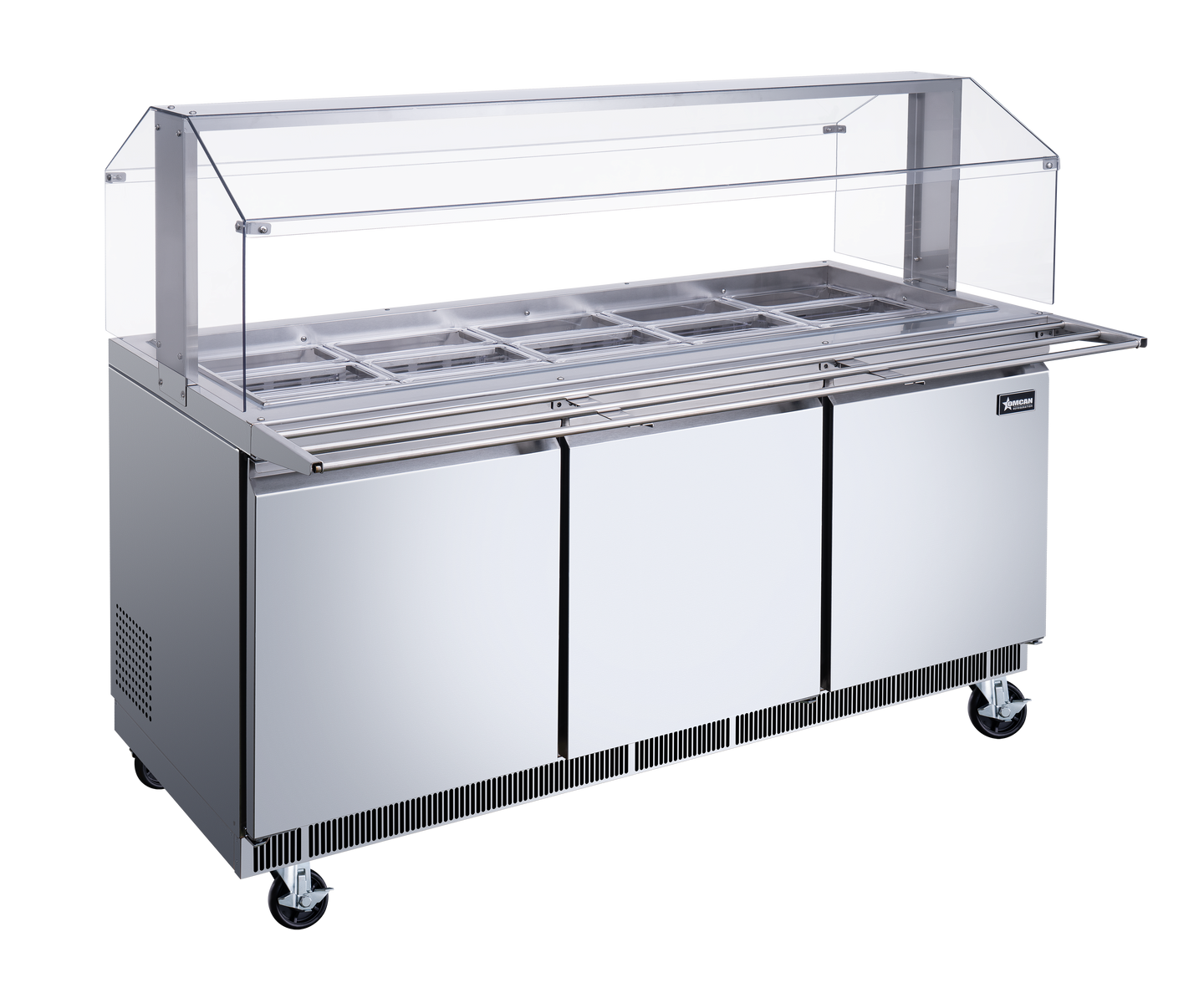 Omcan 50090 72 In. Stainless Steel Refrigerated Salad Bar, 15 Pan Capacity, Sneeze Guard, Tray Slide