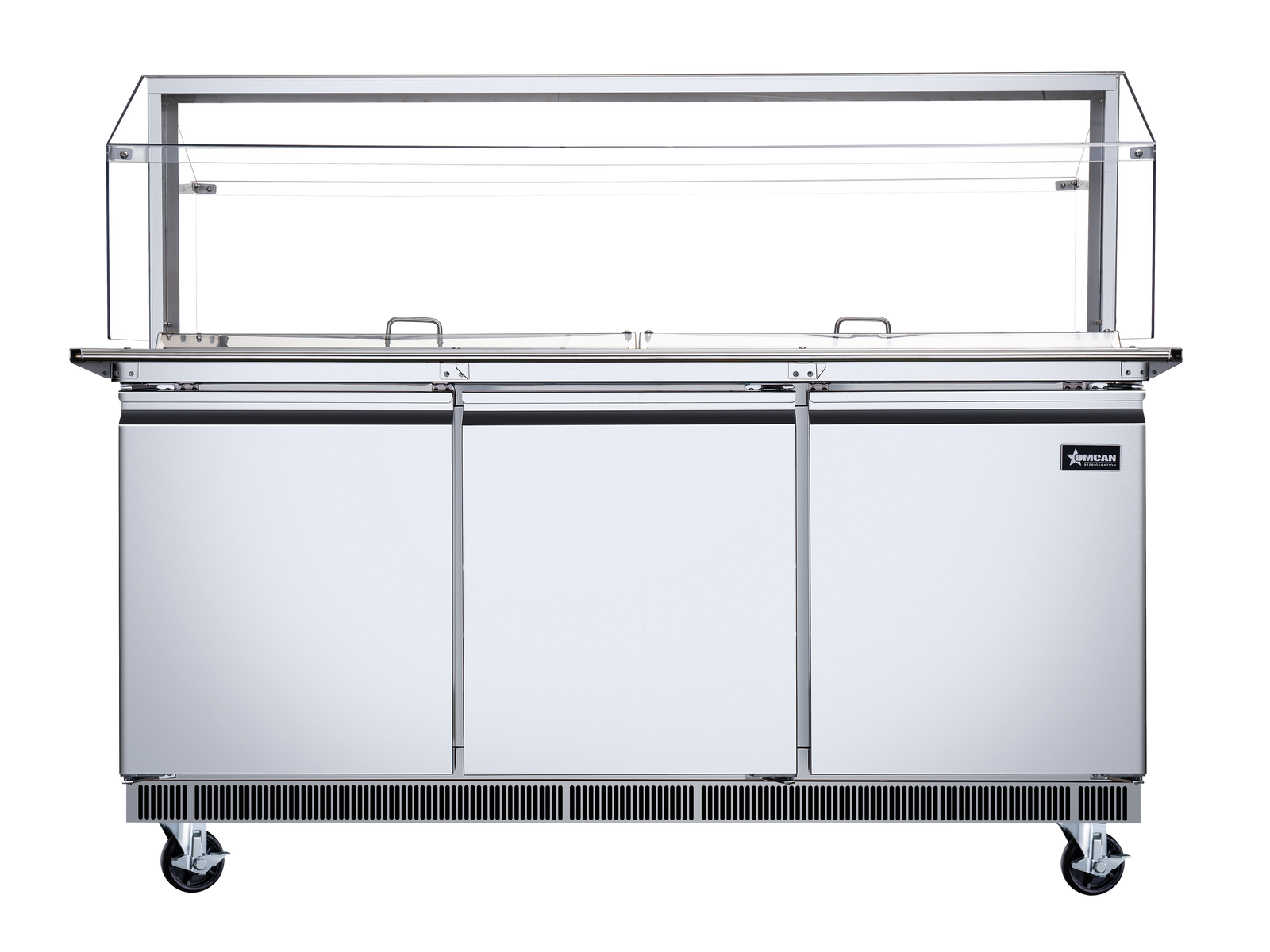 Omcan 50090 72 In. Stainless Steel Refrigerated Salad Bar, 15 Pan Capacity, Sneeze Guard, Tray Slide
