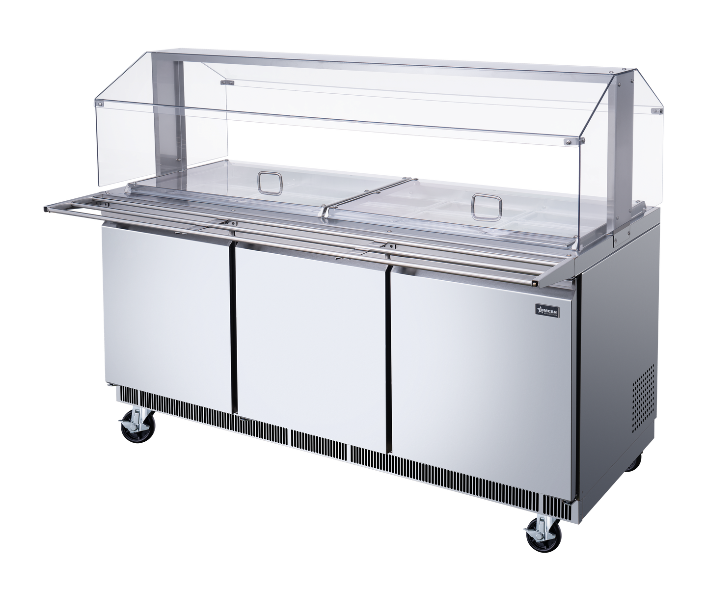 Omcan 50090 72 In. Stainless Steel Refrigerated Salad Bar, 15 Pan Capacity, Sneeze Guard, Tray Slide