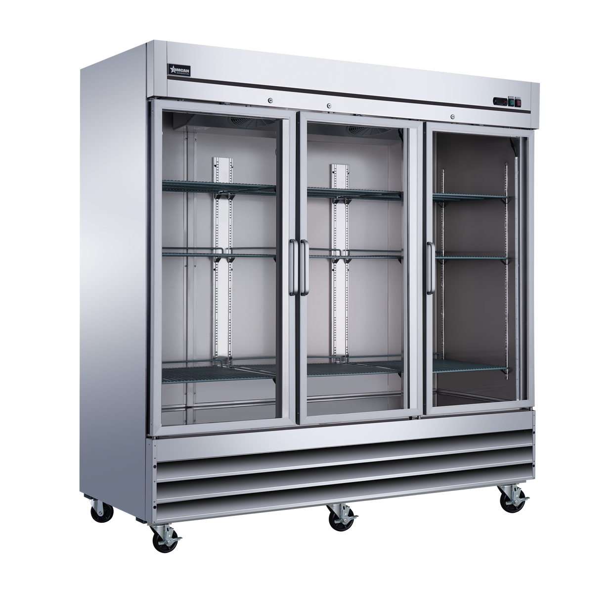 Omcan 51028 81 In. Stainless Steel Glass Door Reach-In Refrigerator, 72 Cu. Ft., Embraco Compressor, Manual Defrost