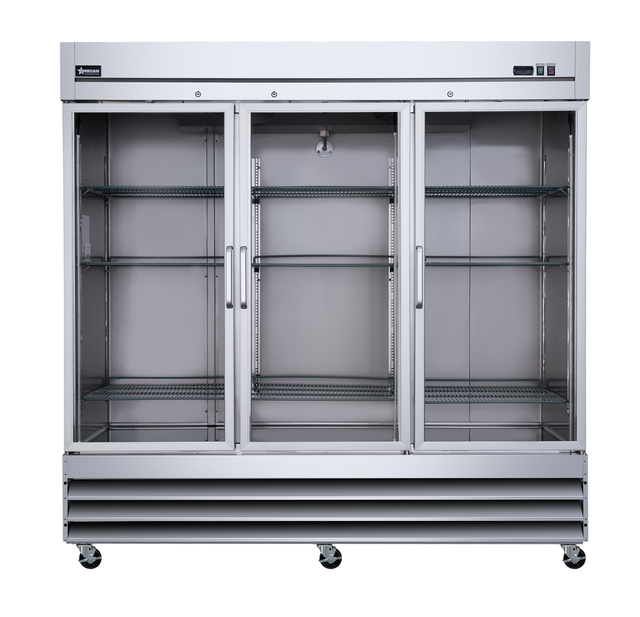 Omcan 51028 81 In. Stainless Steel Glass Door Reach-In Refrigerator, 72 Cu. Ft., Embraco Compressor, Manual Defrost