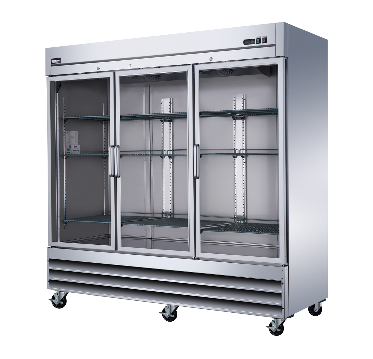 Omcan 51028 81 In. Stainless Steel Glass Door Reach-In Refrigerator, 72 Cu. Ft., Embraco Compressor, Manual Defrost