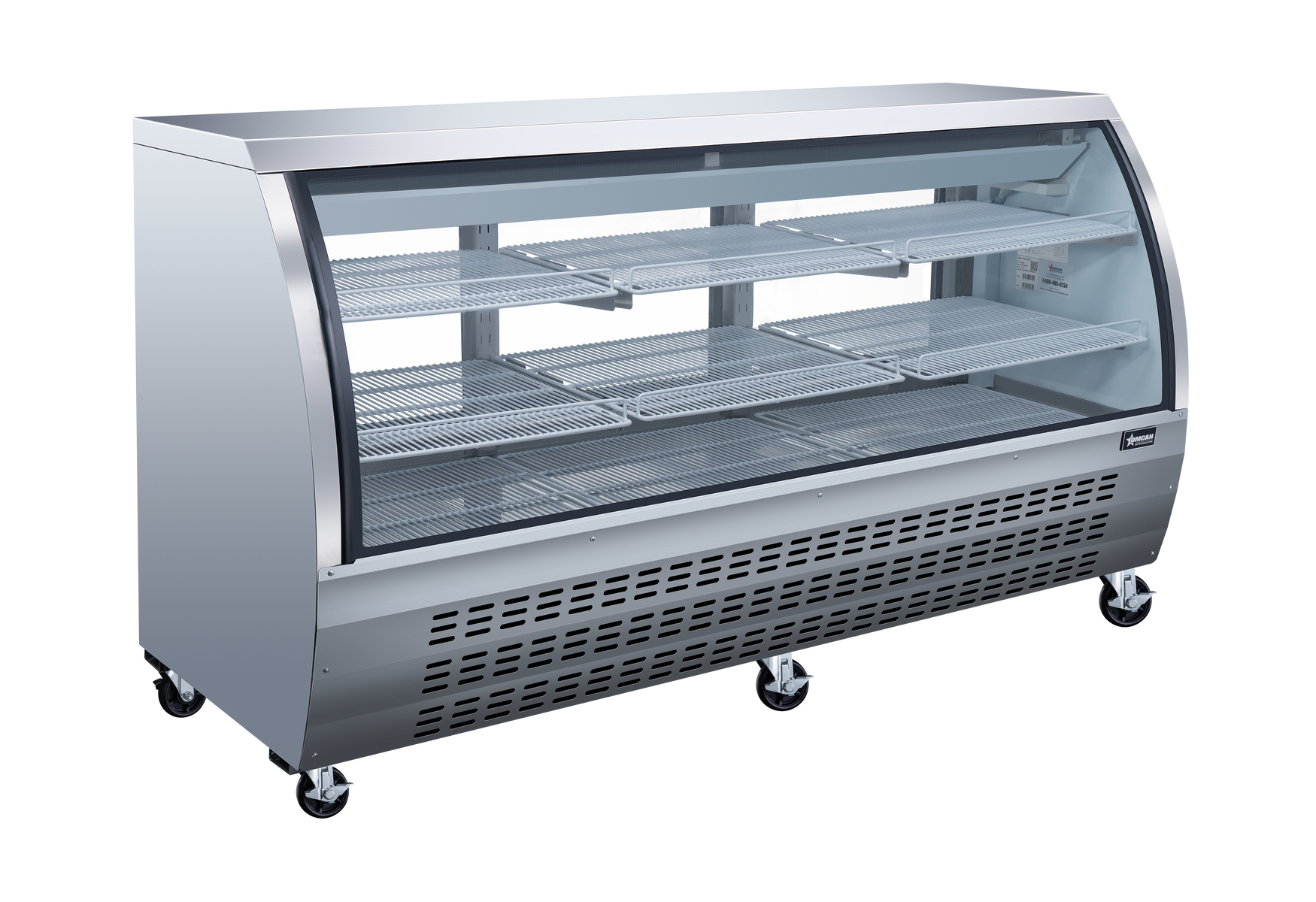 Omcan 50080 82 In. Stainless Steel Curved Glass Refrigerated Floor Showcase, 32 Cu. Ft., Embraco Compressor