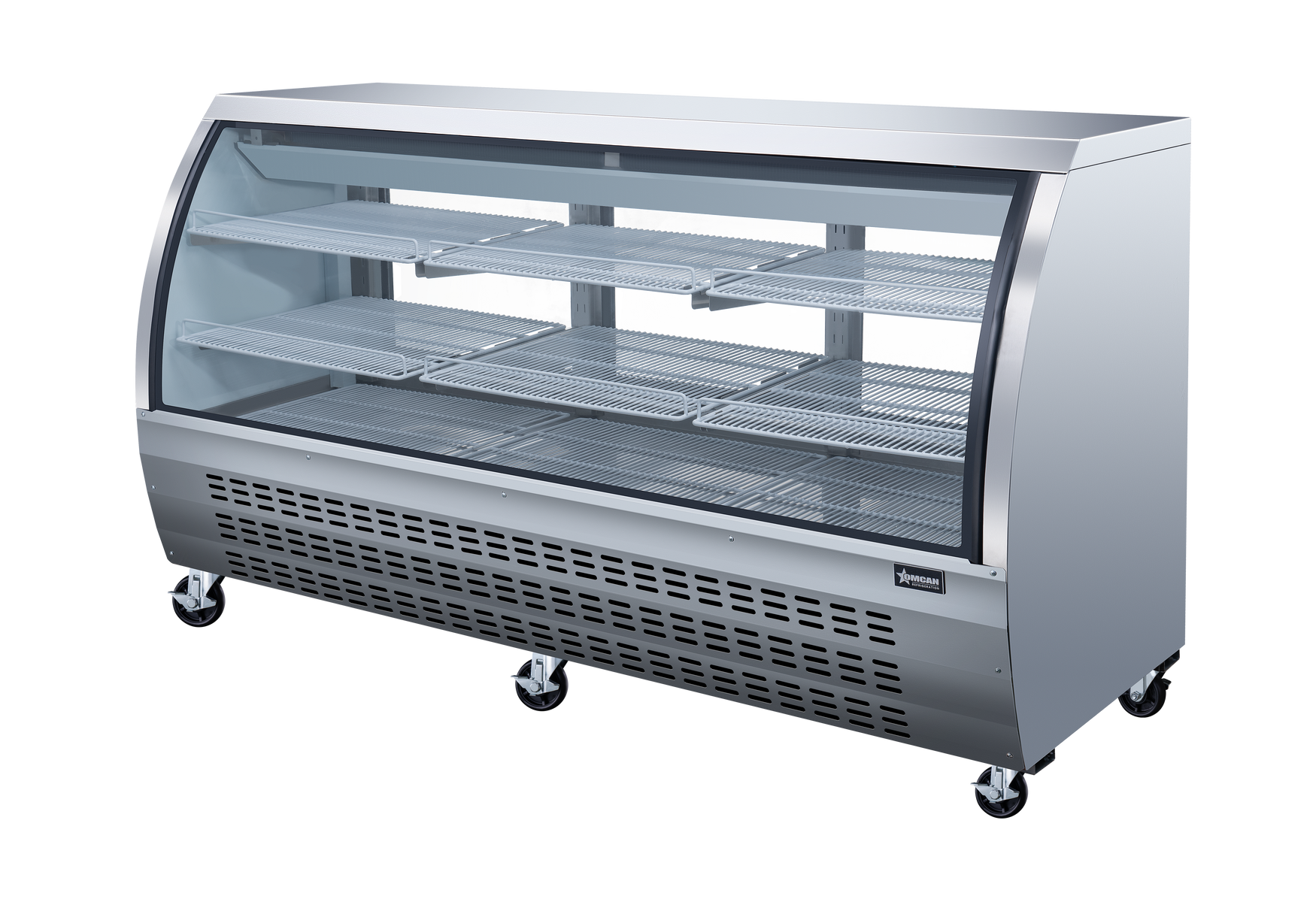 Omcan 50080 82 In. Stainless Steel Curved Glass Refrigerated Floor Showcase, 32 Cu. Ft., Embraco Compressor