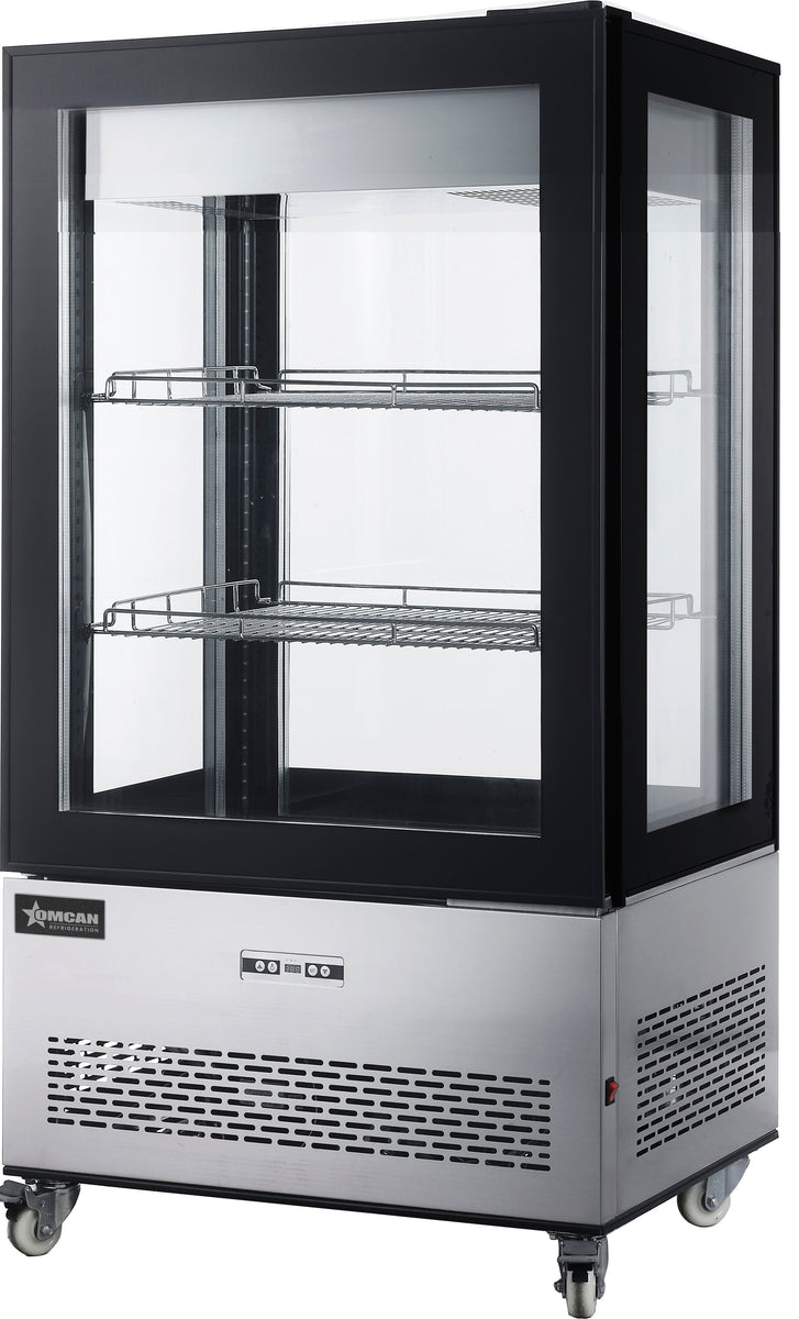 Omcan 44472 33 In. Refrigerated Display Case, Four-Sided Glass, 12.36 cu. ft. (350L), 59 In. Tall, Stainless Steel