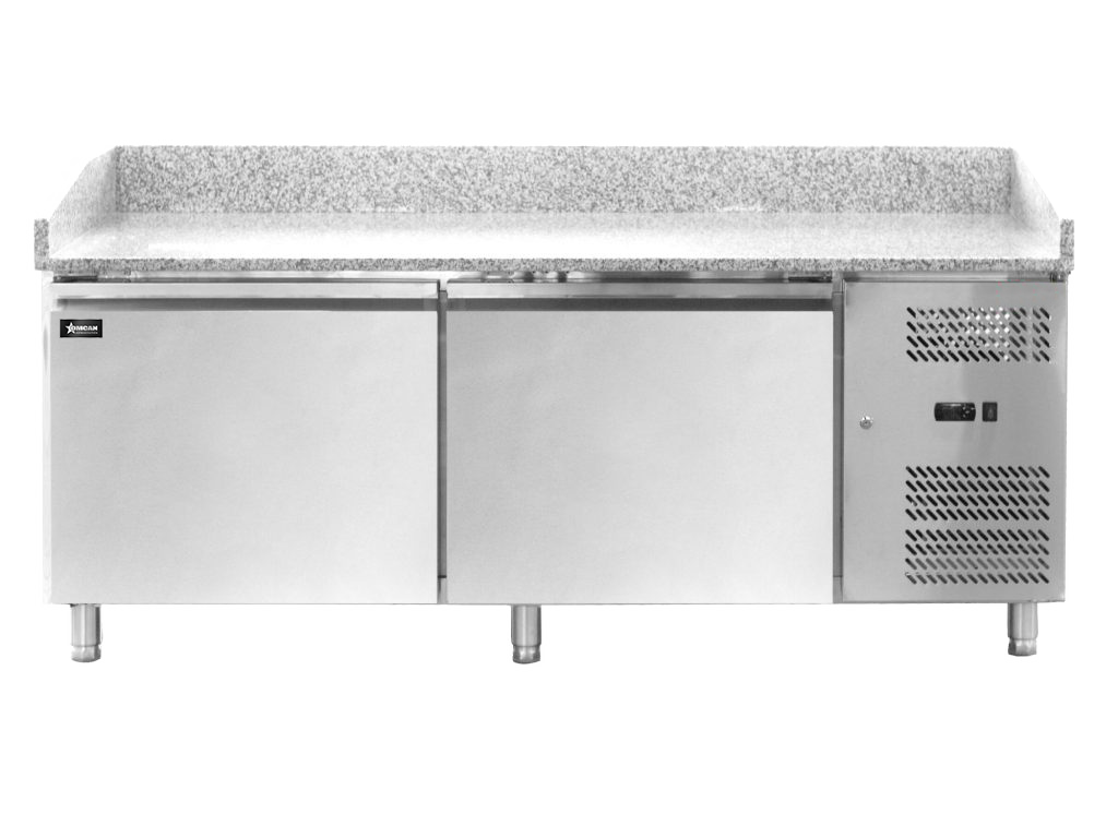 Omcan 48621 80 In. Granite Top Refrigerated Pizza Prep Table, 2 Doors, 20.5 Cu. Ft., Embraco Compressor