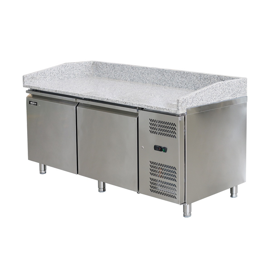 Omcan 48621 80 In. Granite Top Refrigerated Pizza Prep Table, 2 Doors, 20.5 Cu. Ft., Embraco Compressor