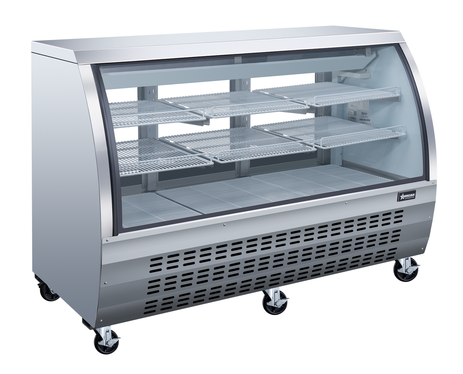 Omcan 50085 64 In. Stainless Steel Curved Glass Refrigerated Floor Showcase, 22 Cu. Ft., Embraco Compressor