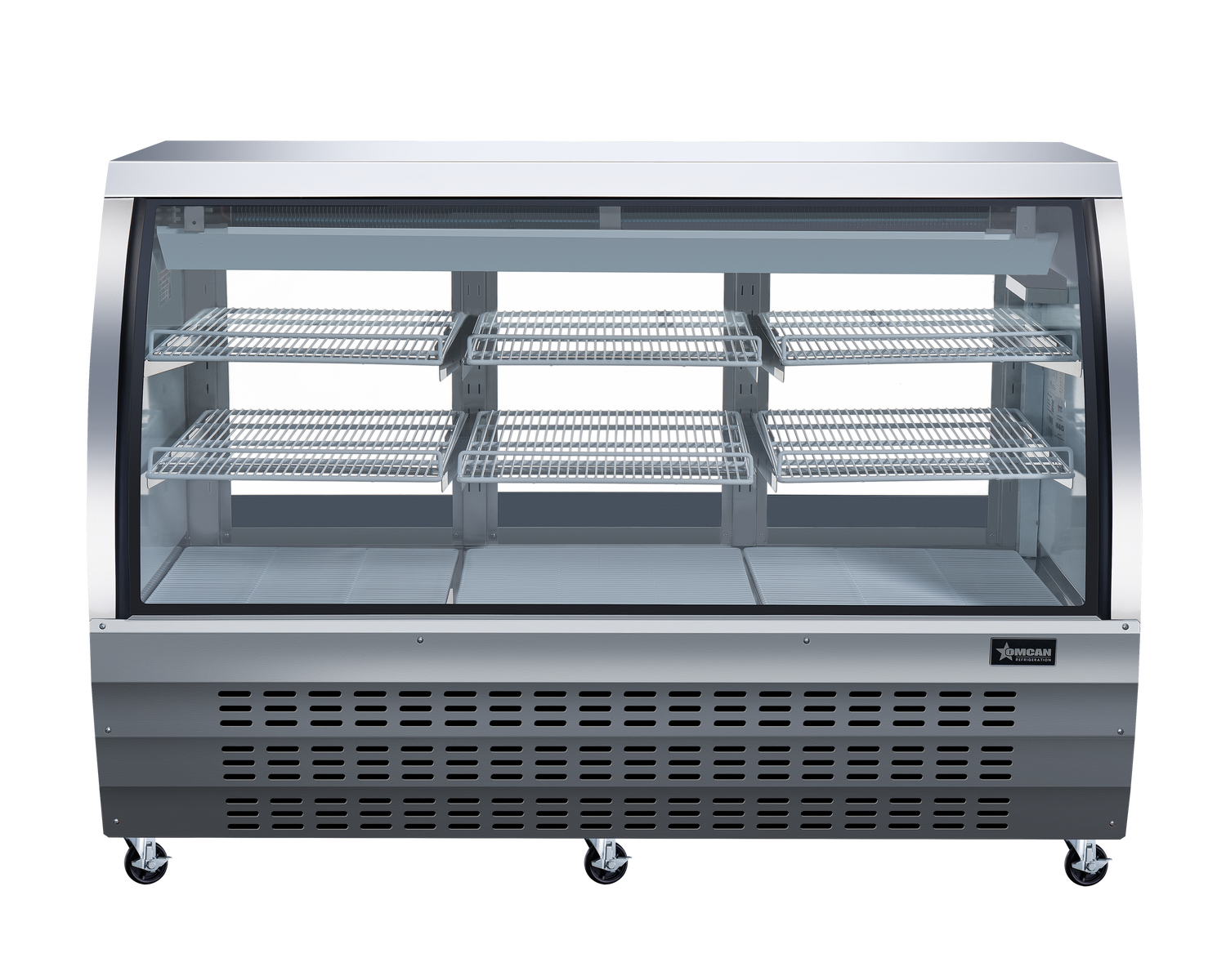 Omcan 50085 64 In. Stainless Steel Curved Glass Refrigerated Floor Showcase, 22 Cu. Ft., Embraco Compressor