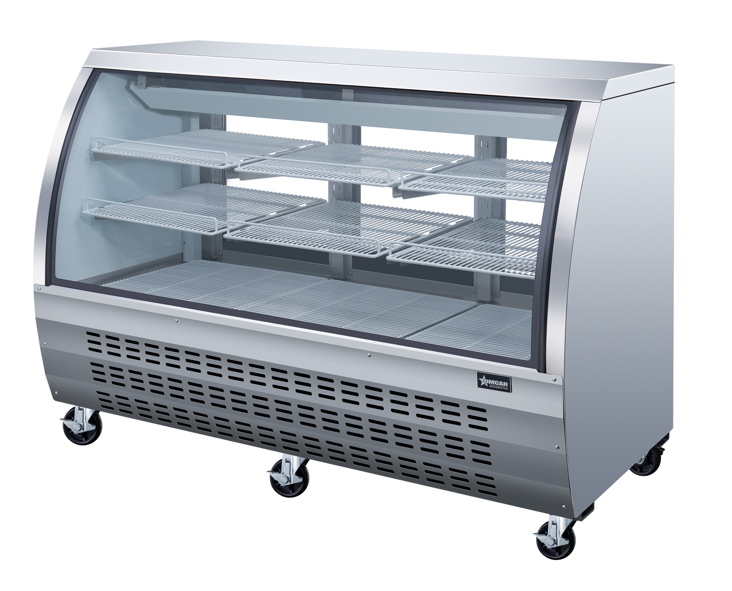 Omcan 50085 64 In. Stainless Steel Curved Glass Refrigerated Floor Showcase, 22 Cu. Ft., Embraco Compressor