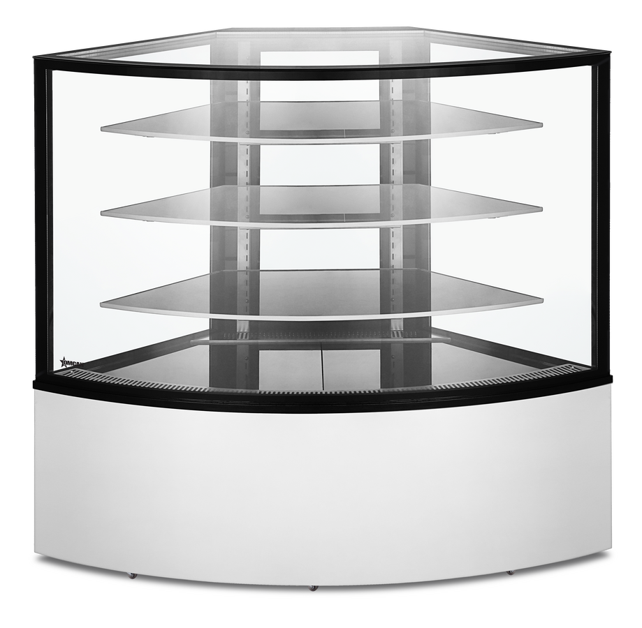 Omcan 47708 59 In. Corner Floor Refrigerated Showcase, 16.78 Cu. Ft., Stainless Steel Base, Four-Sided Double Glass