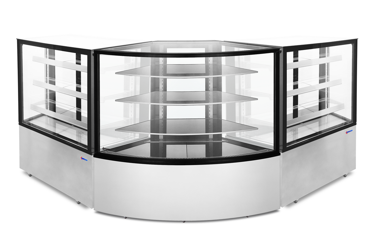 Omcan 47708 59 In. Corner Floor Refrigerated Showcase, 16.78 Cu. Ft., Stainless Steel Base, Four-Sided Double Glass