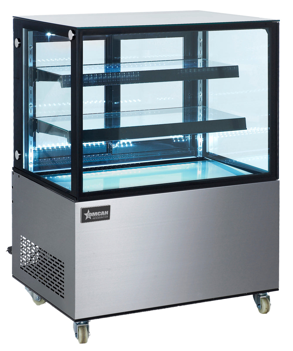Omcan 39540 48 In. Square Edge Refrigerated Floor Display Case, 13 Cu. Ft., Stainless Steel, Four-Sided Glass