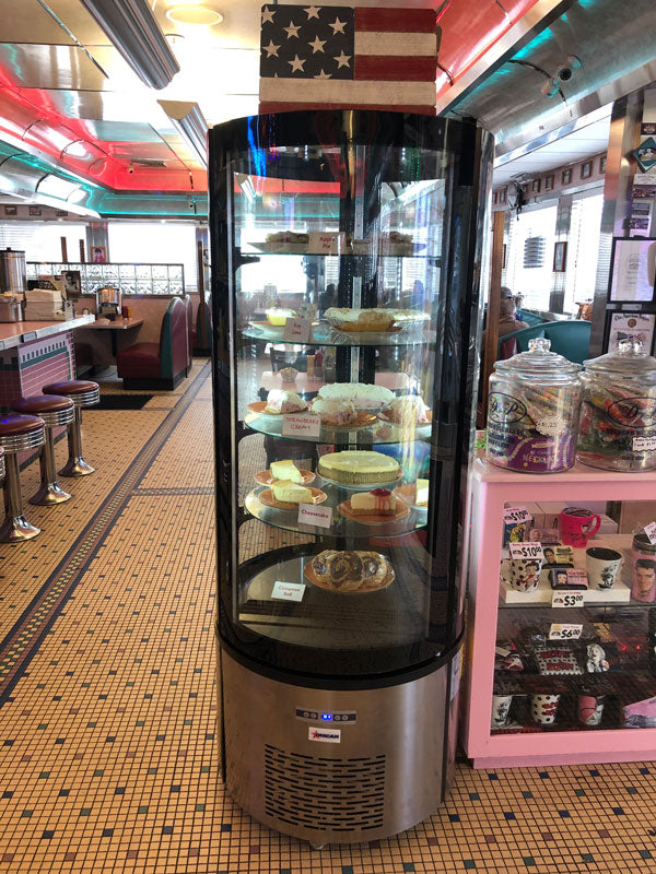 Omcan 40440 27 In. Circular Floor Refrigerated Showcase, 14.1 Cu. Ft., Turnable Glass Shelves, Double Glass, LED Lighting