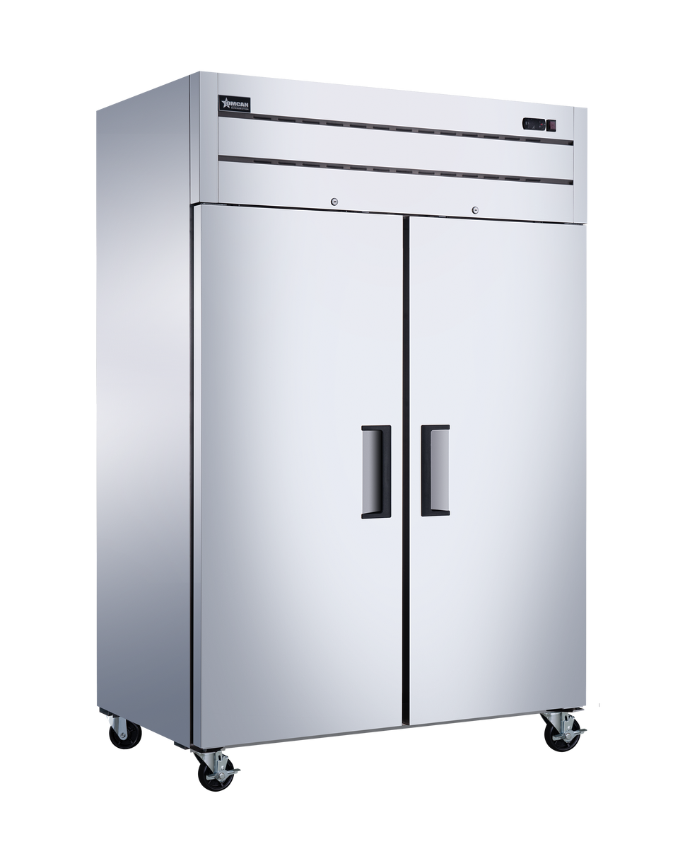 Omcan RE-CN-0054-TM 54 In. Stainless Steel Reach-In Refrigerator, 2 Solid Doors, 43.1 Cu. Ft., Top-Mounted