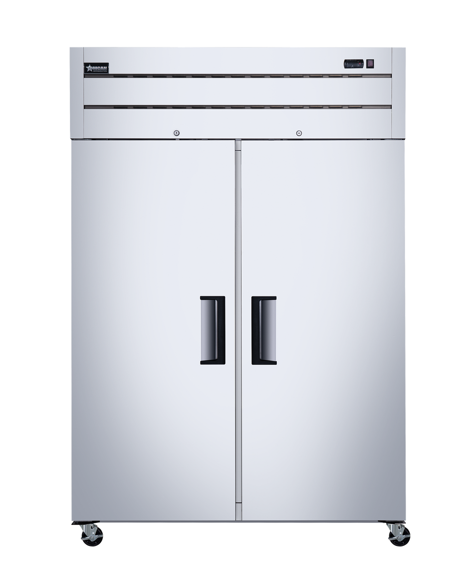 Omcan RE-CN-0054-TM 54 In. Stainless Steel Reach-In Refrigerator, 2 Solid Doors, 43.1 Cu. Ft., Top-Mounted