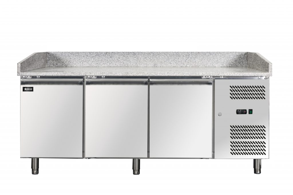 Omcan 41145 80 In. Granite Top Refrigerated Pizza Prep Table, 3 Doors, 20.5 Cu. Ft., Embraco Compressor
