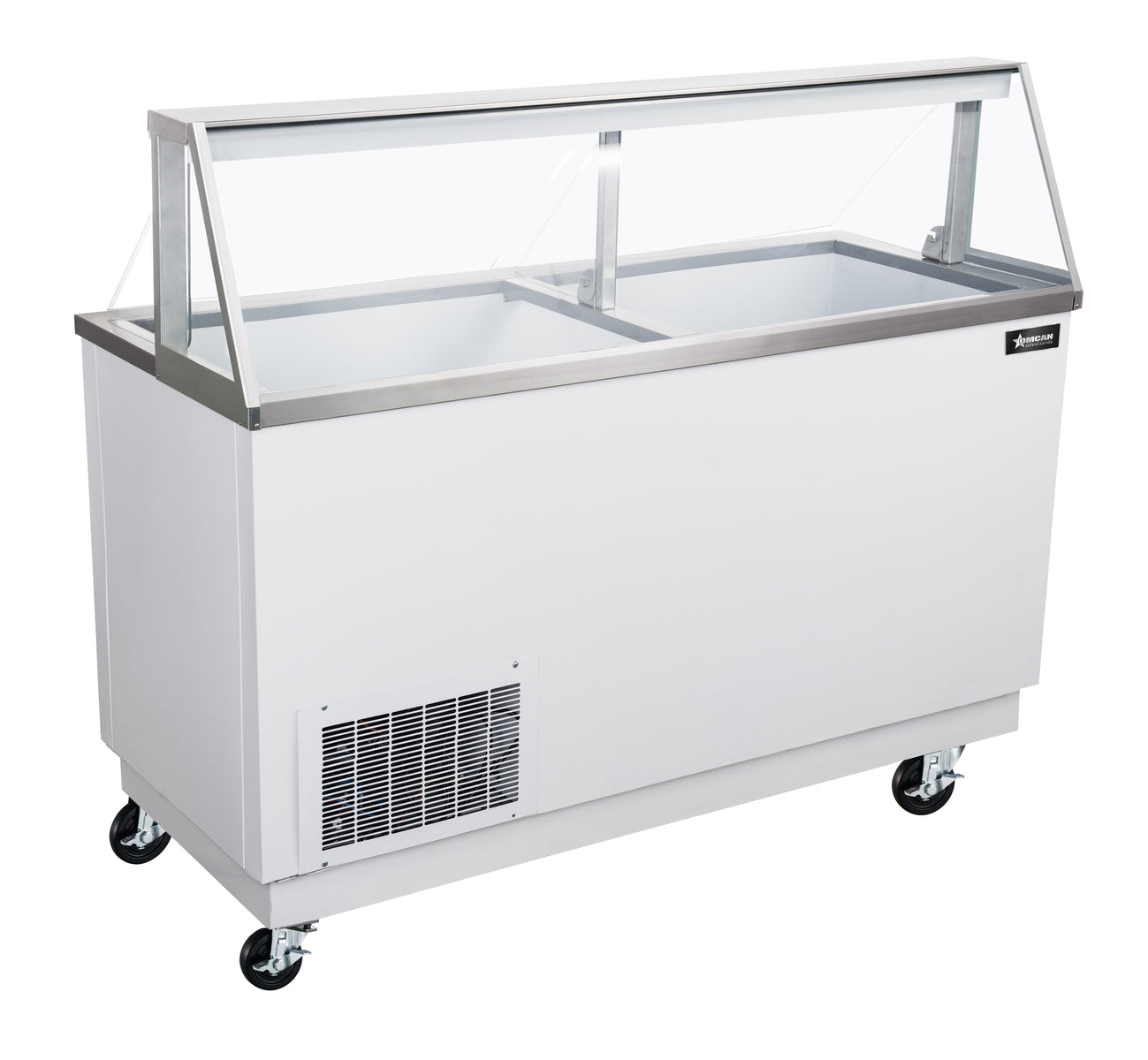 Omcan FR-CN-0068 68 In. Ice Cream Dipping Freezer with Sneeze Guard, 12 Display Tubs + 8 Storage, Sliding Doors