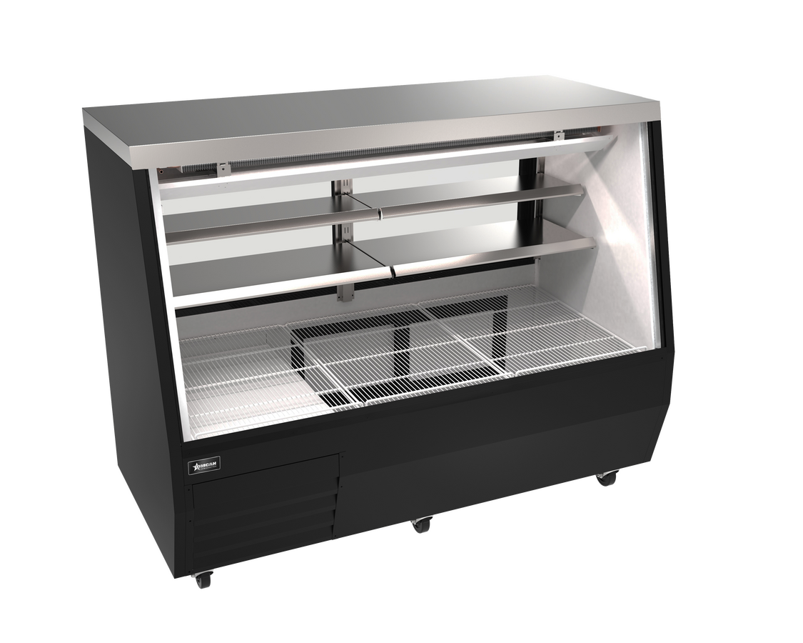 Omcan 50106 70 In. Black Square Glass Refrigerated Double-Duty Deli Case, 1 HP Embraco Compressor, R290 Refrigerant