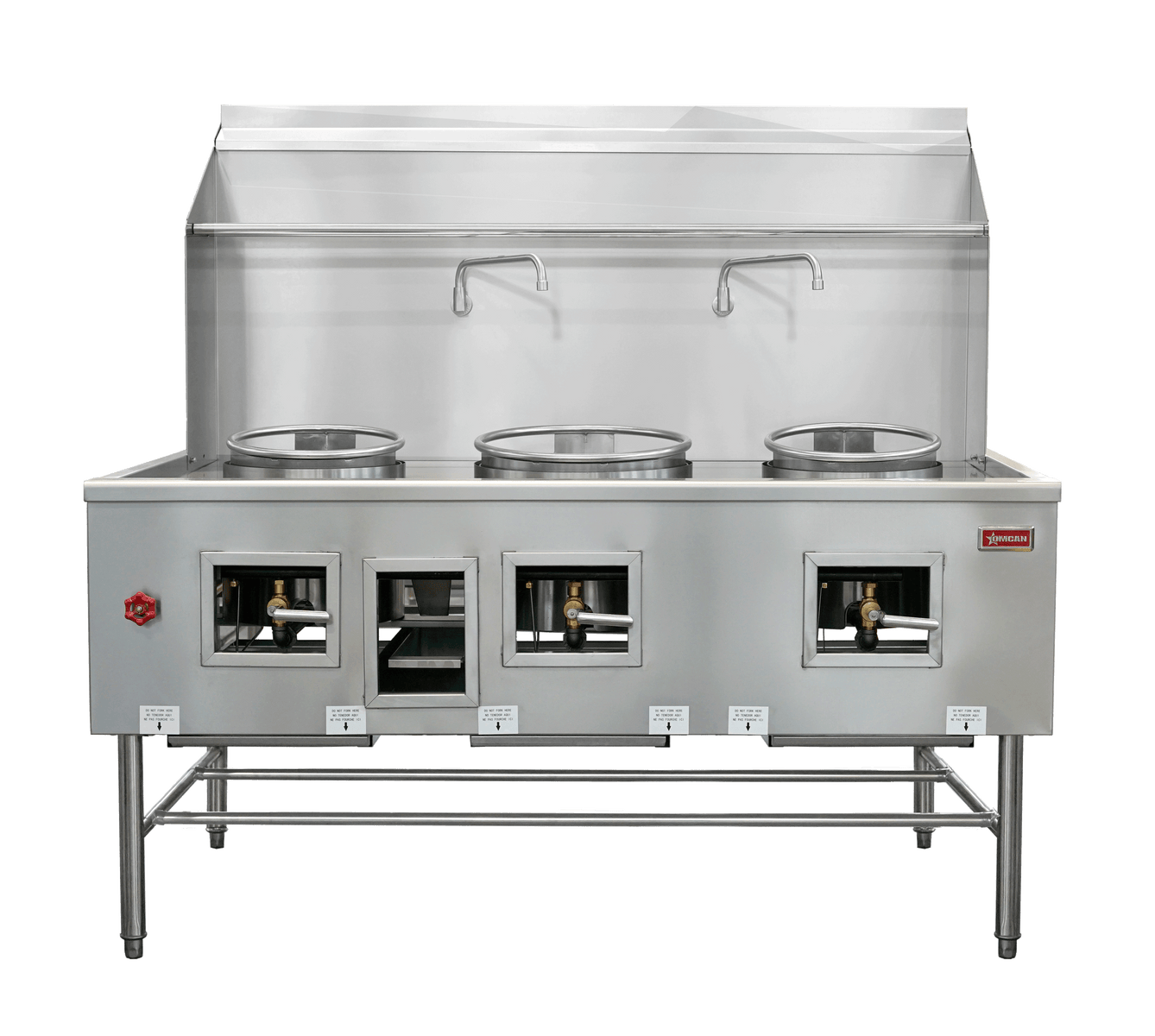 Omcan CE-CN-W3L1-NG 67.2 In. Natural Gas Chamber Wok Range, 3 chambers (2x13" + 1x16"), 315,000 BTU, Stainless Steel Faucet and Backsplash