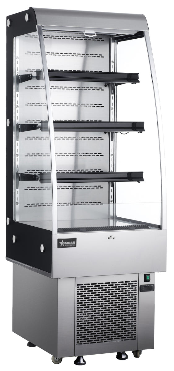 Omcan RS-CN-0250 24 In. Open Refrigerated Floor Display, 8.9 Cu. Ft., Grab-and-Go, Pull-Down Night Curtain