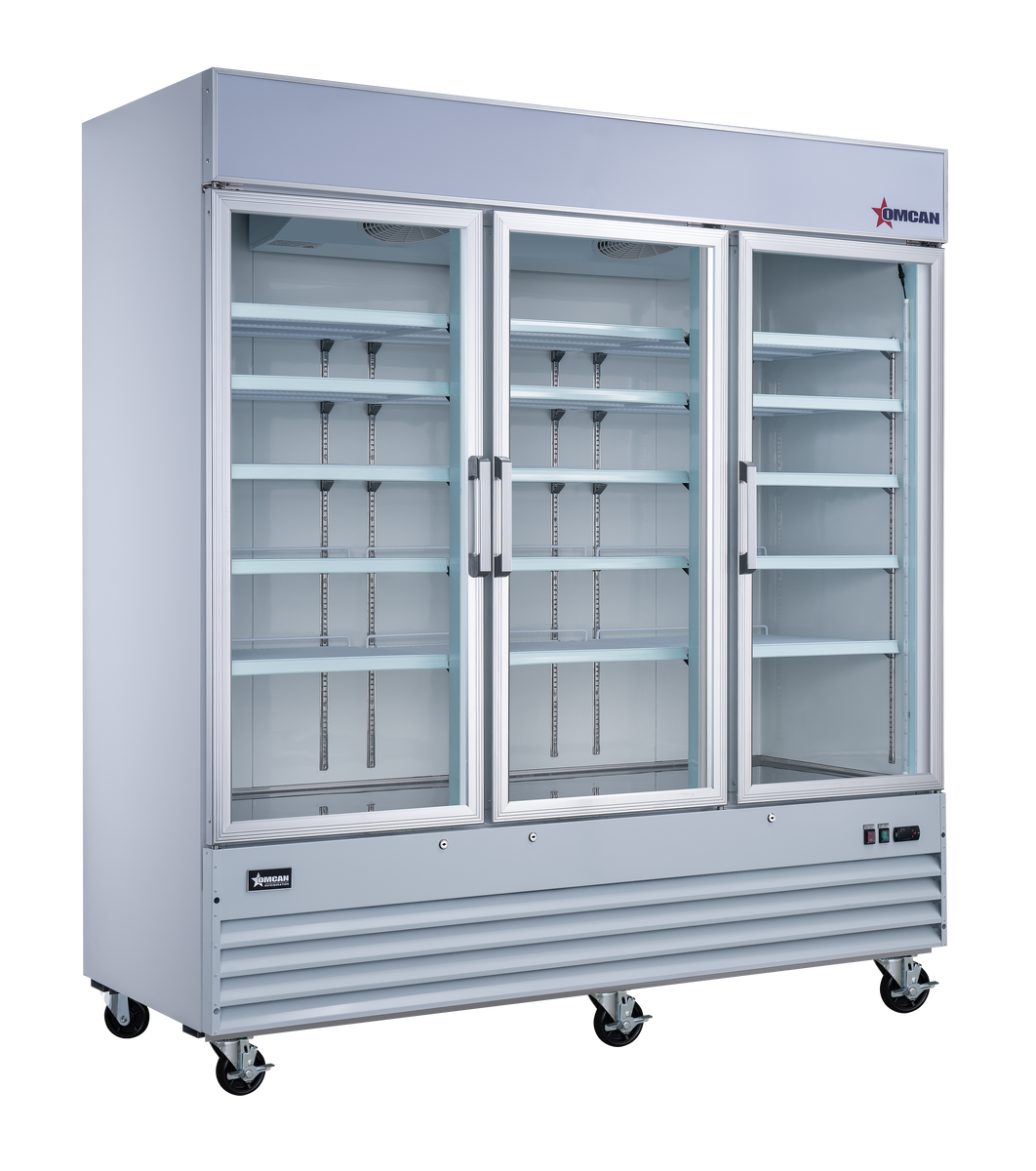 Omcan RE-CN-0052-HC 78 In. White Glass Door Display Refrigerator, 3 Swing Doors, 53 Cu. Ft., Bottom-Mounted