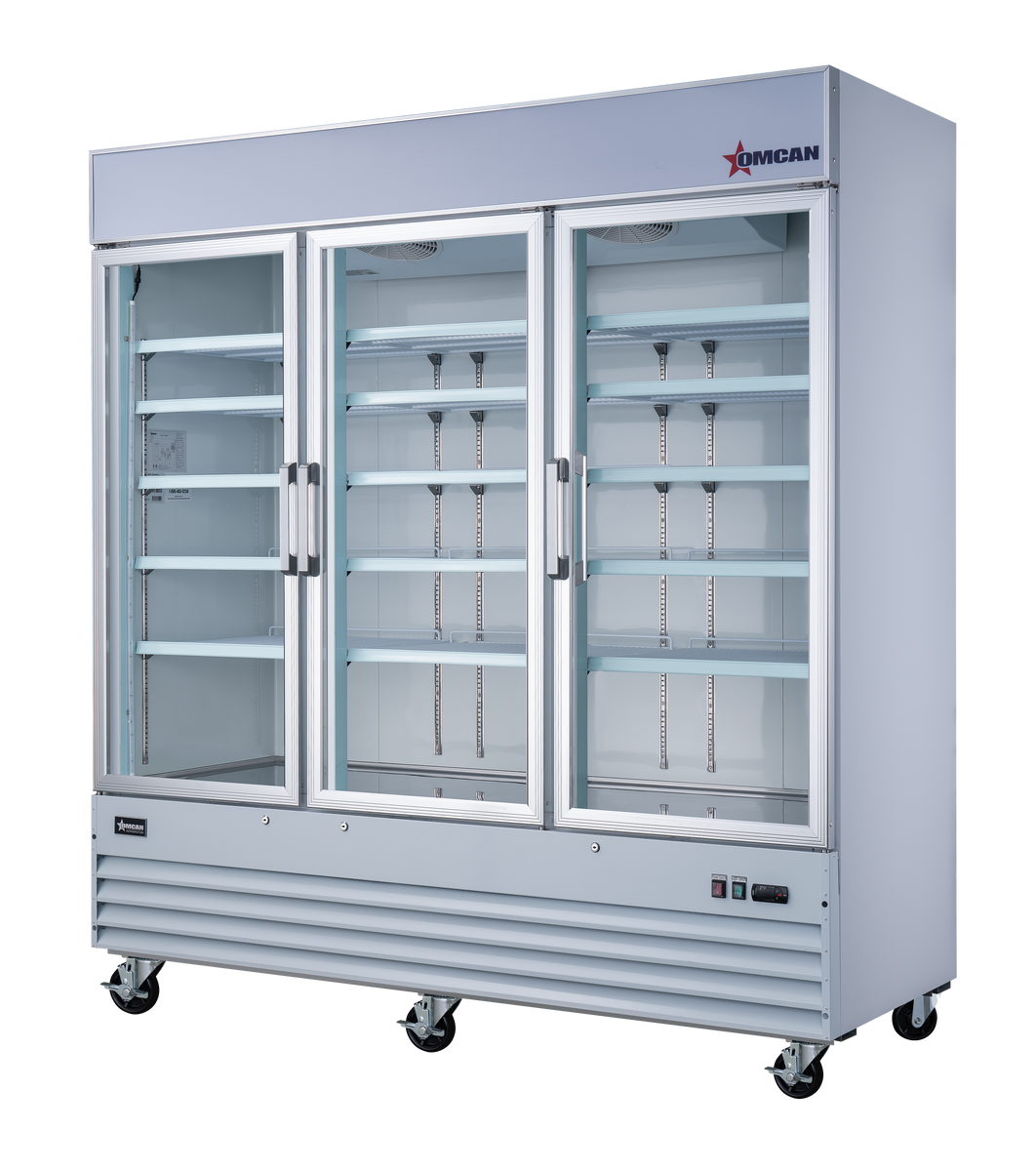 Omcan RE-CN-0052-HC 78 In. White Glass Door Display Refrigerator, 3 Swing Doors, 53 Cu. Ft., Bottom-Mounted