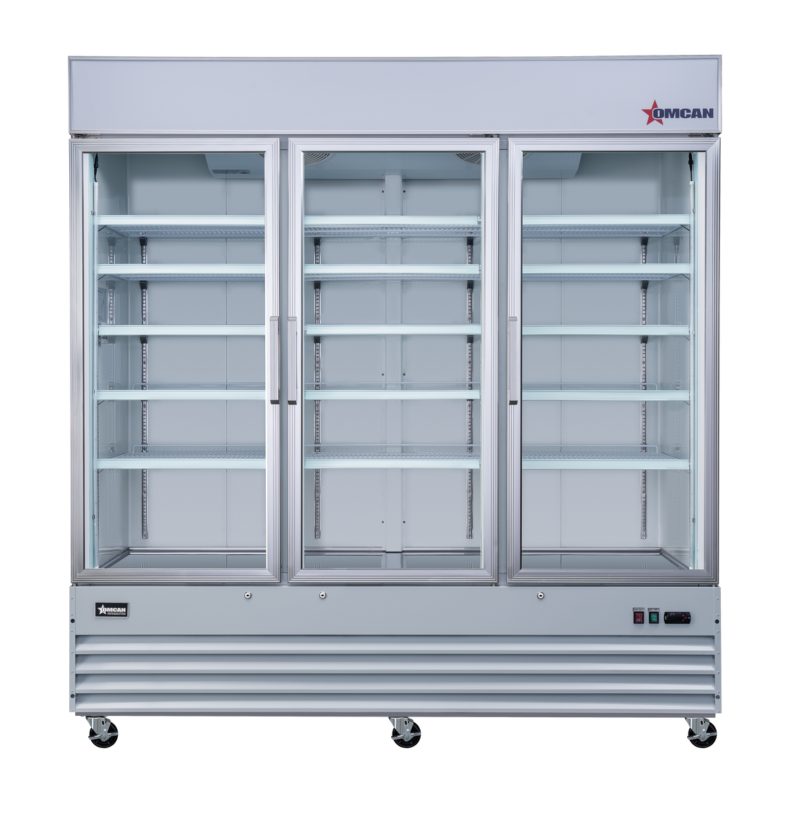 Omcan RE-CN-0052-HC 78 In. White Glass Door Display Refrigerator, 3 Swing Doors, 53 Cu. Ft., Bottom-Mounted