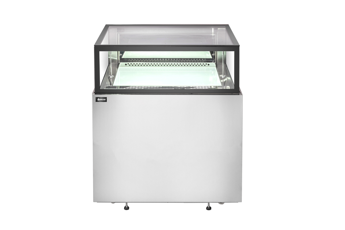 Omcan CM-900B 36 In. Flat Top Refrigerated Display Showcase, 9.6 cu. ft., Glass Drawer Shelves, Stainless Steel