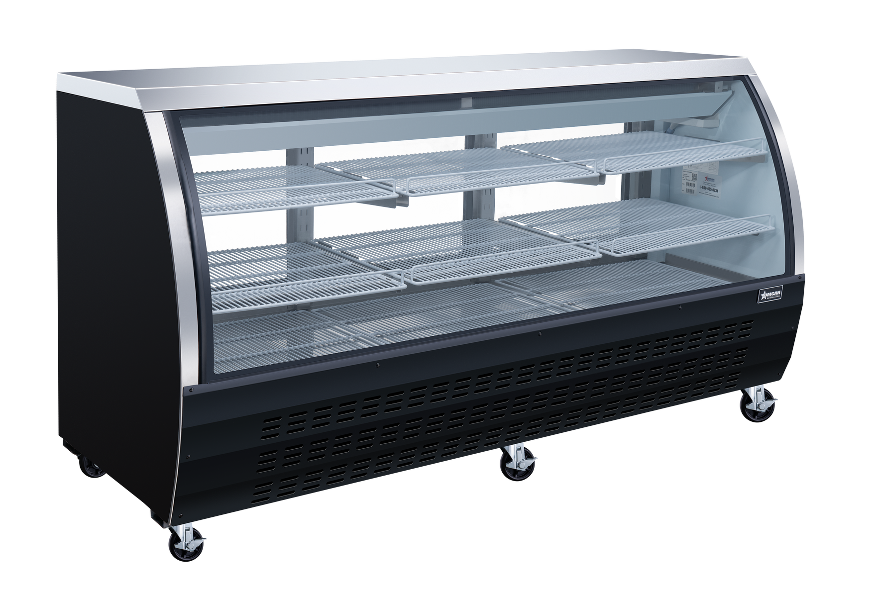 Omcan RS-CN-0200-B 82 In. Black Floor Refrigerated Showcase, 32 Cu. Ft., Curved Glass, Rear Sliding Doors