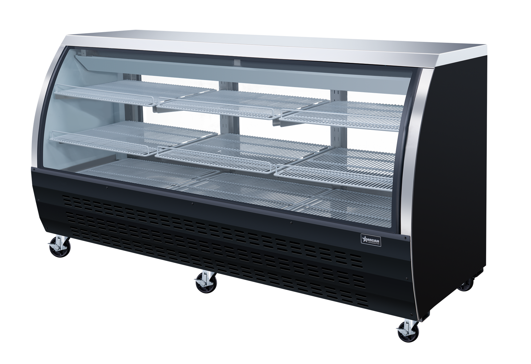 Omcan RS-CN-0200-B 82 In. Black Floor Refrigerated Showcase, 32 Cu. Ft., Curved Glass, Rear Sliding Doors