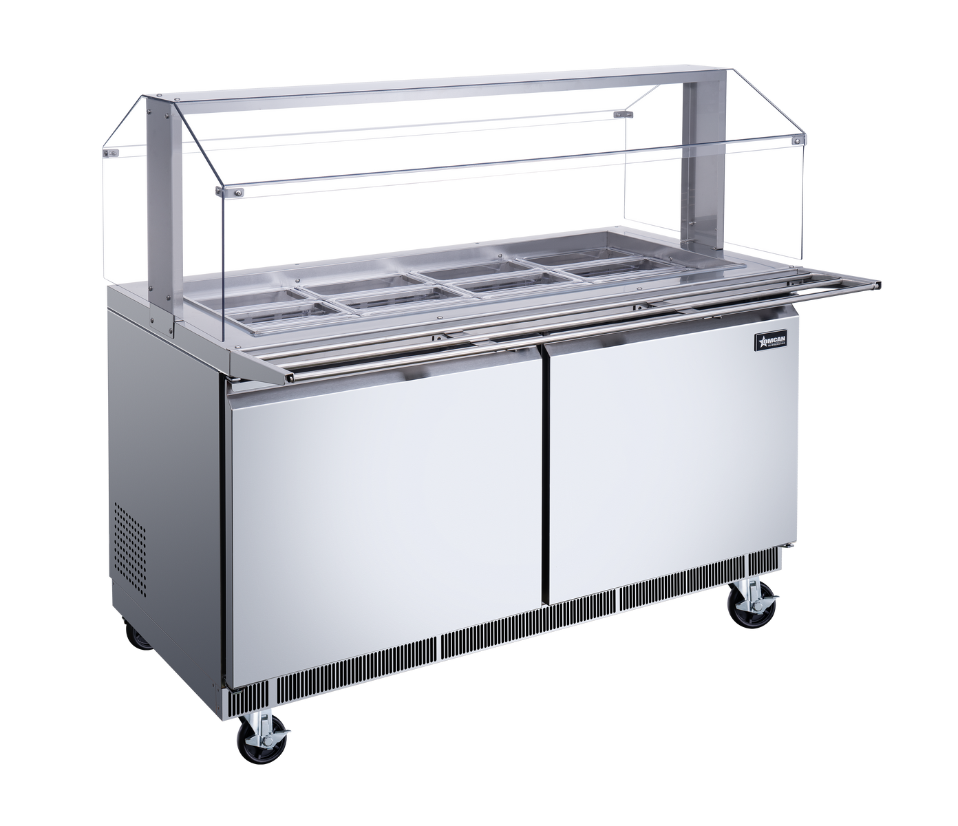 Omcan 50089 60 In. Stainless Steel Refrigerated Salad Bar, 12 Pan Capacity, Sneeze Guard, Tray Slide