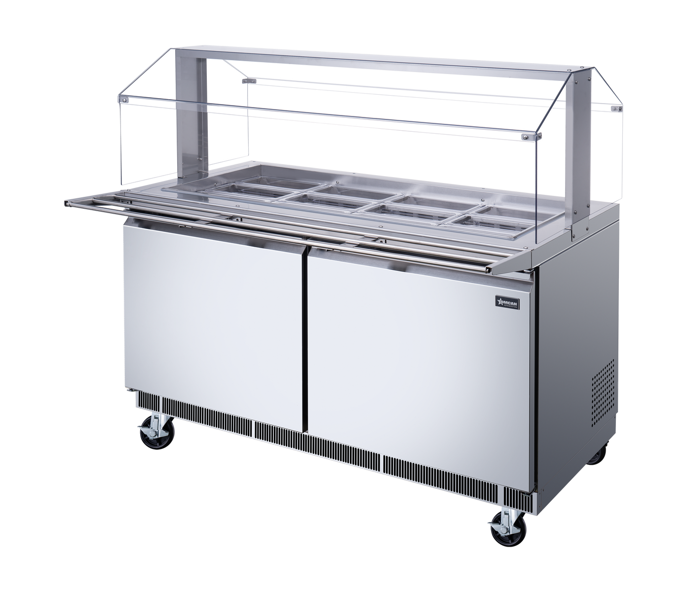 Omcan 50089 60 In. Stainless Steel Refrigerated Salad Bar, 12 Pan Capacity, Sneeze Guard, Tray Slide
