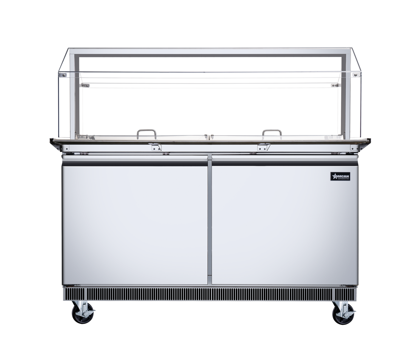 Omcan 50089 60 In. Stainless Steel Refrigerated Salad Bar, 12 Pan Capacity, Sneeze Guard, Tray Slide