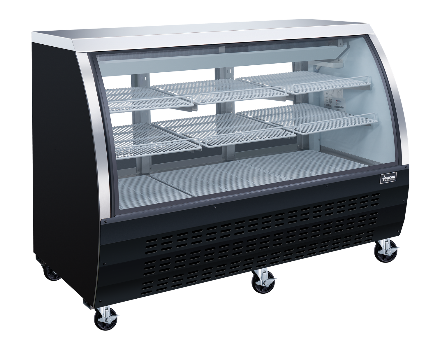 Omcan RS-CN-0163-B 64 In. Black Floor Refrigerated Showcase, 22 Cu. Ft., Curved Glass, Rear Sliding Doors