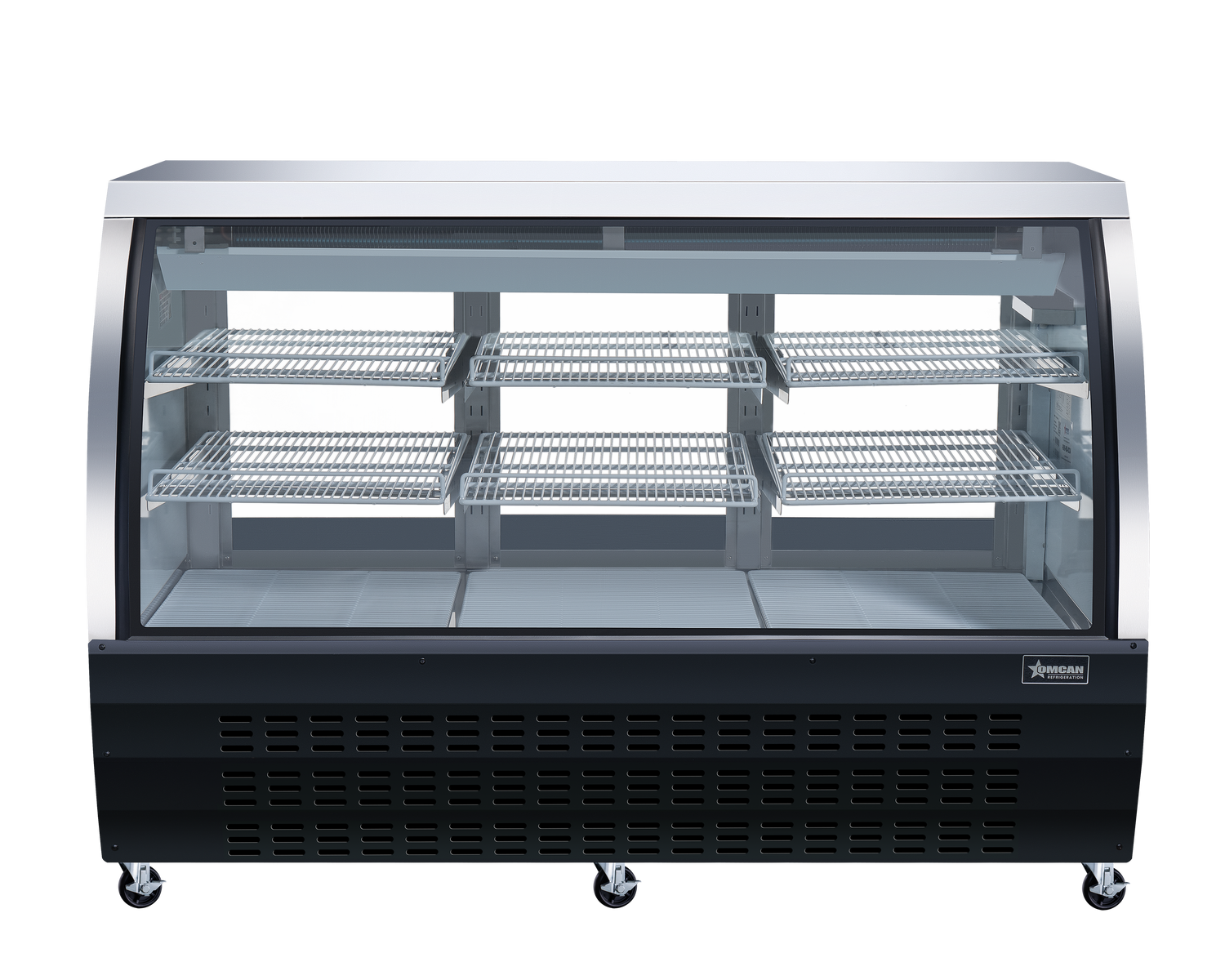 Omcan RS-CN-0163-B 64 In. Black Floor Refrigerated Showcase, 22 Cu. Ft., Curved Glass, Rear Sliding Doors