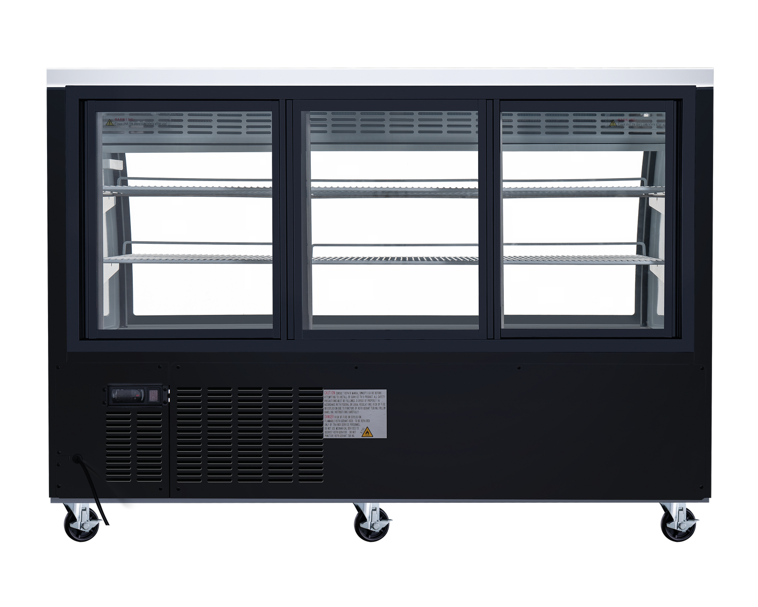 Omcan RS-CN-0163-B 64 In. Black Floor Refrigerated Showcase, 22 Cu. Ft., Curved Glass, Rear Sliding Doors