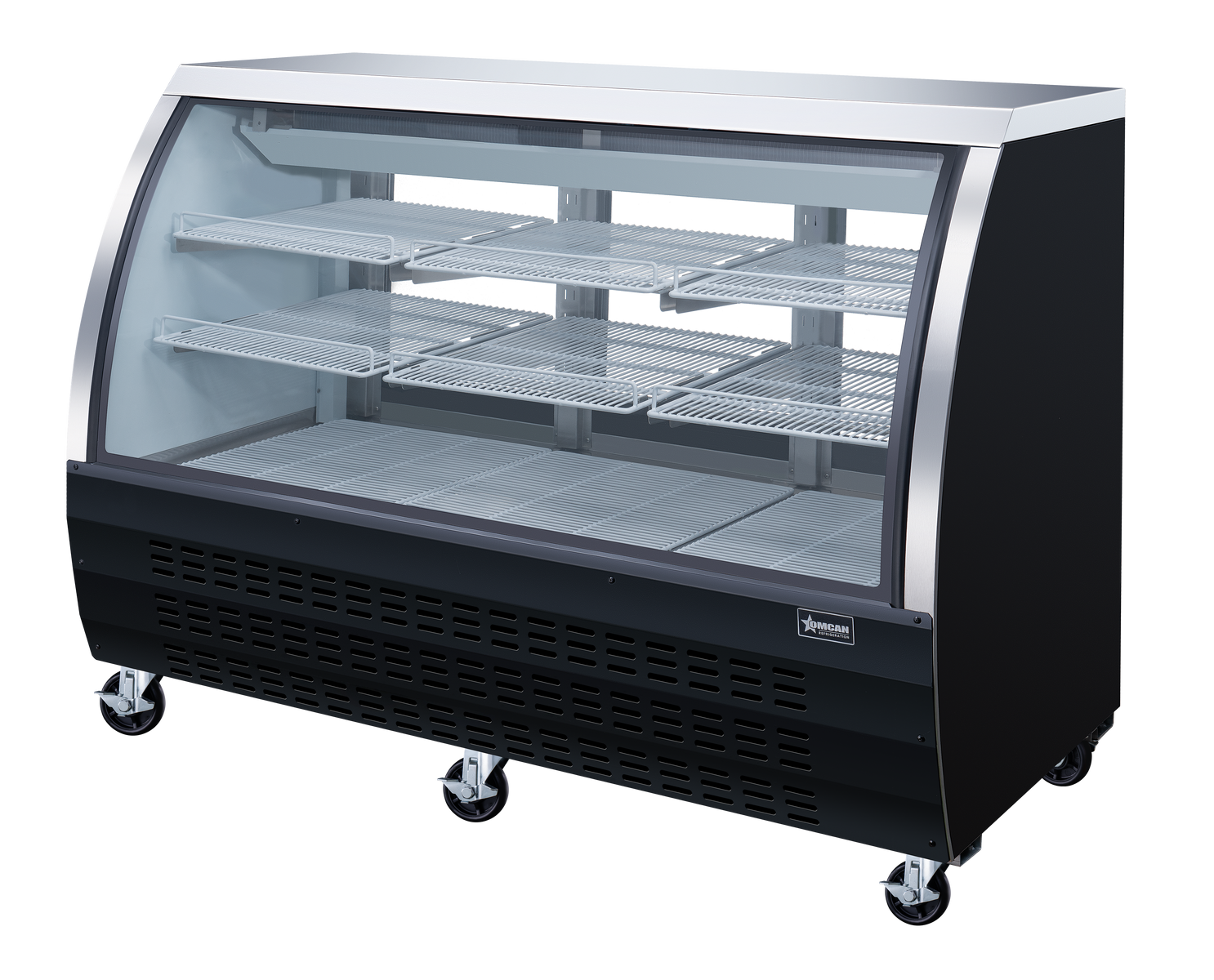 Omcan RS-CN-0163-B 64 In. Black Floor Refrigerated Showcase, 22 Cu. Ft., Curved Glass, Rear Sliding Doors