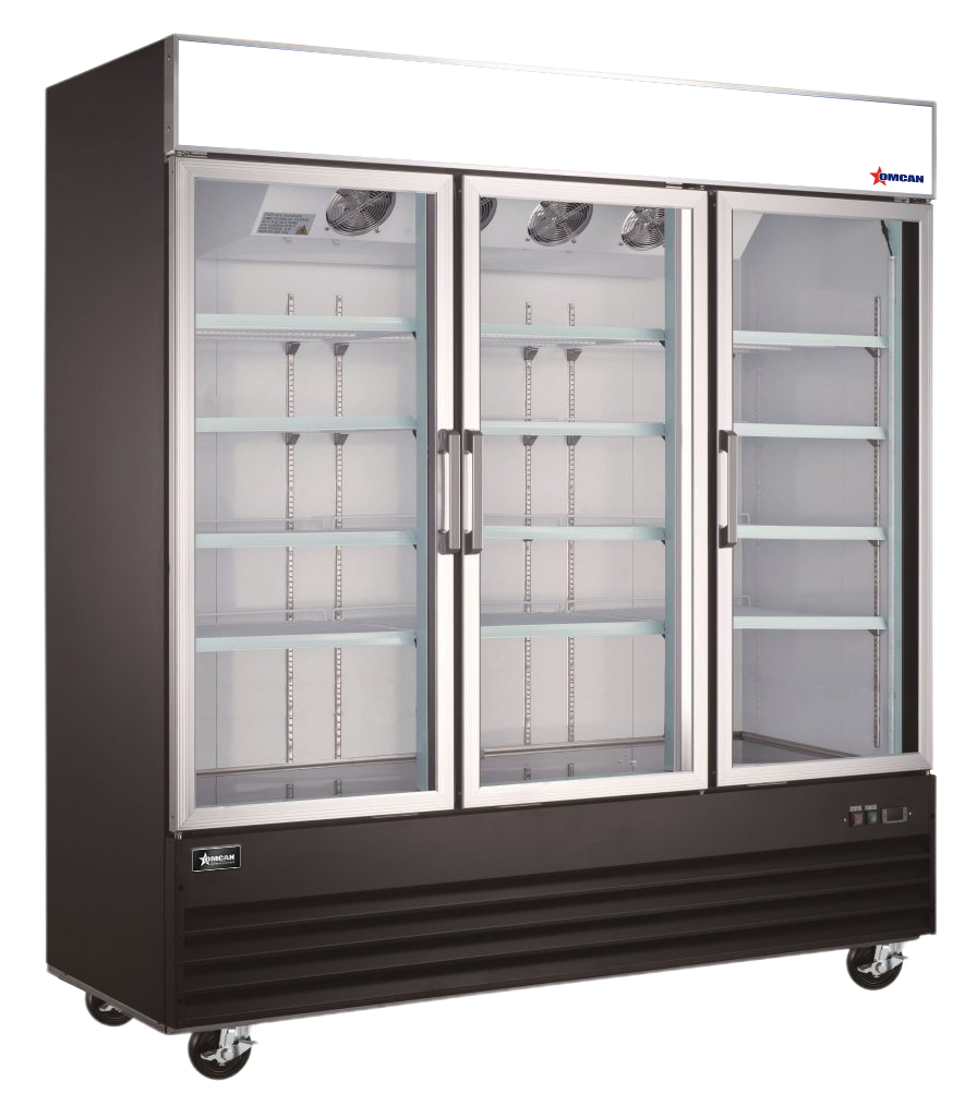 Omcan RE-CN-0052-HC-BK 78 In. Black Glass Door Display Refrigerator, 3 Swing Doors, 53 Cu. Ft., Bottom-Mounted