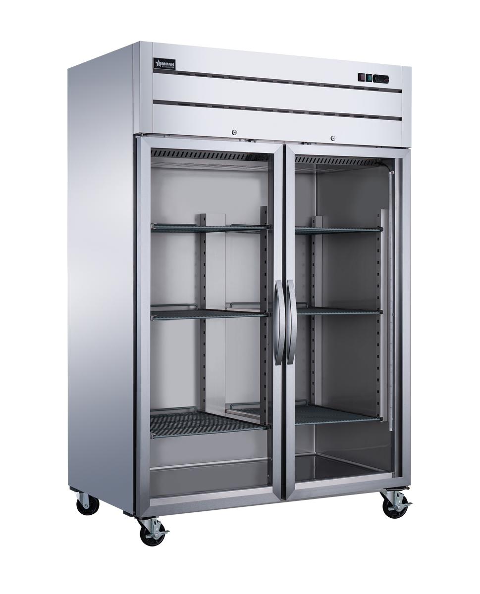 Omcan RE-CN-0054G-TM 54 In. Stainless Steel Reach-In Refrigerator, 2 Glass Doors, 43.1 Cu. Ft., Top-Mounted