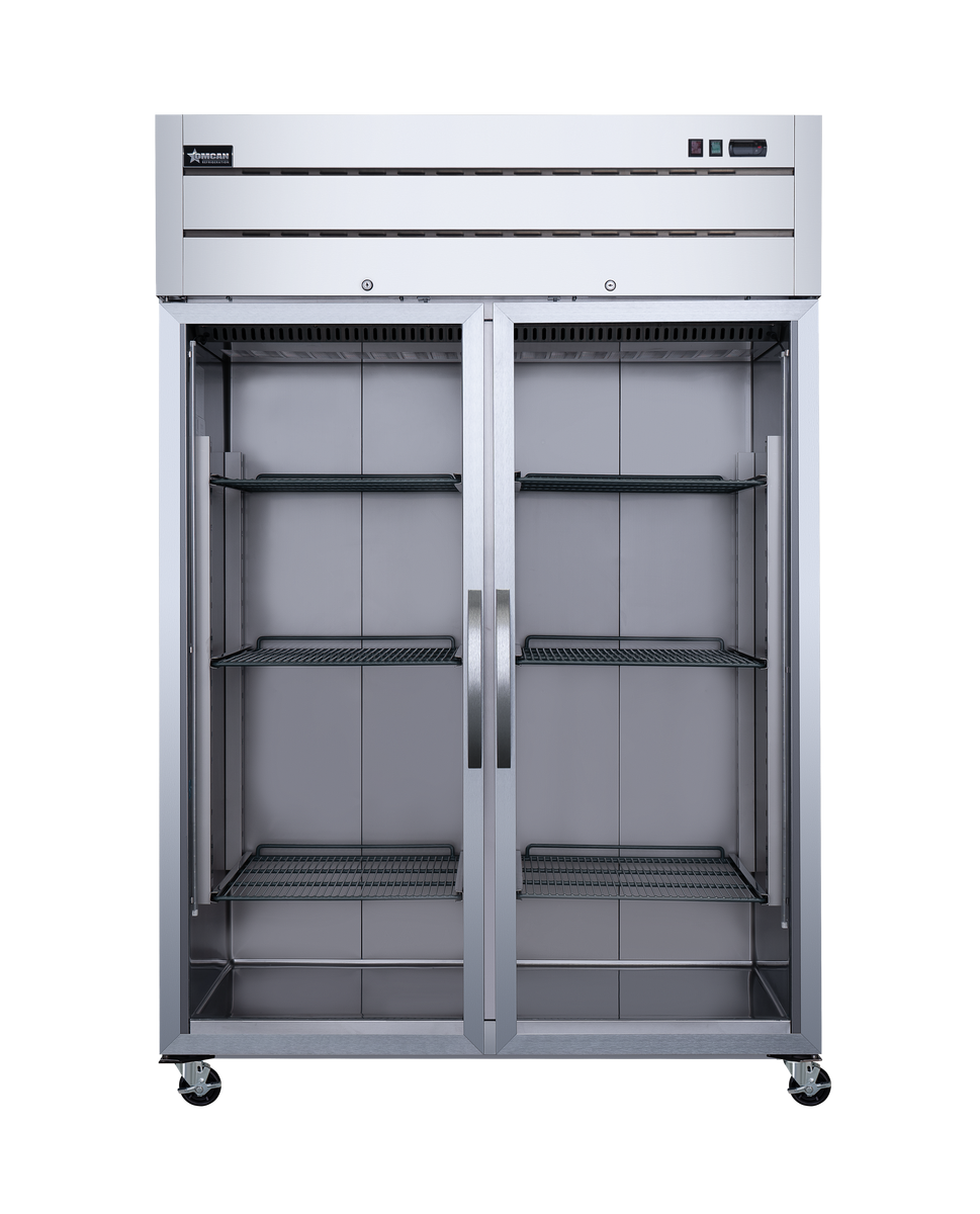 Omcan RE-CN-0054G-TM 54 In. Stainless Steel Reach-In Refrigerator, 2 Glass Doors, 43.1 Cu. Ft., Top-Mounted