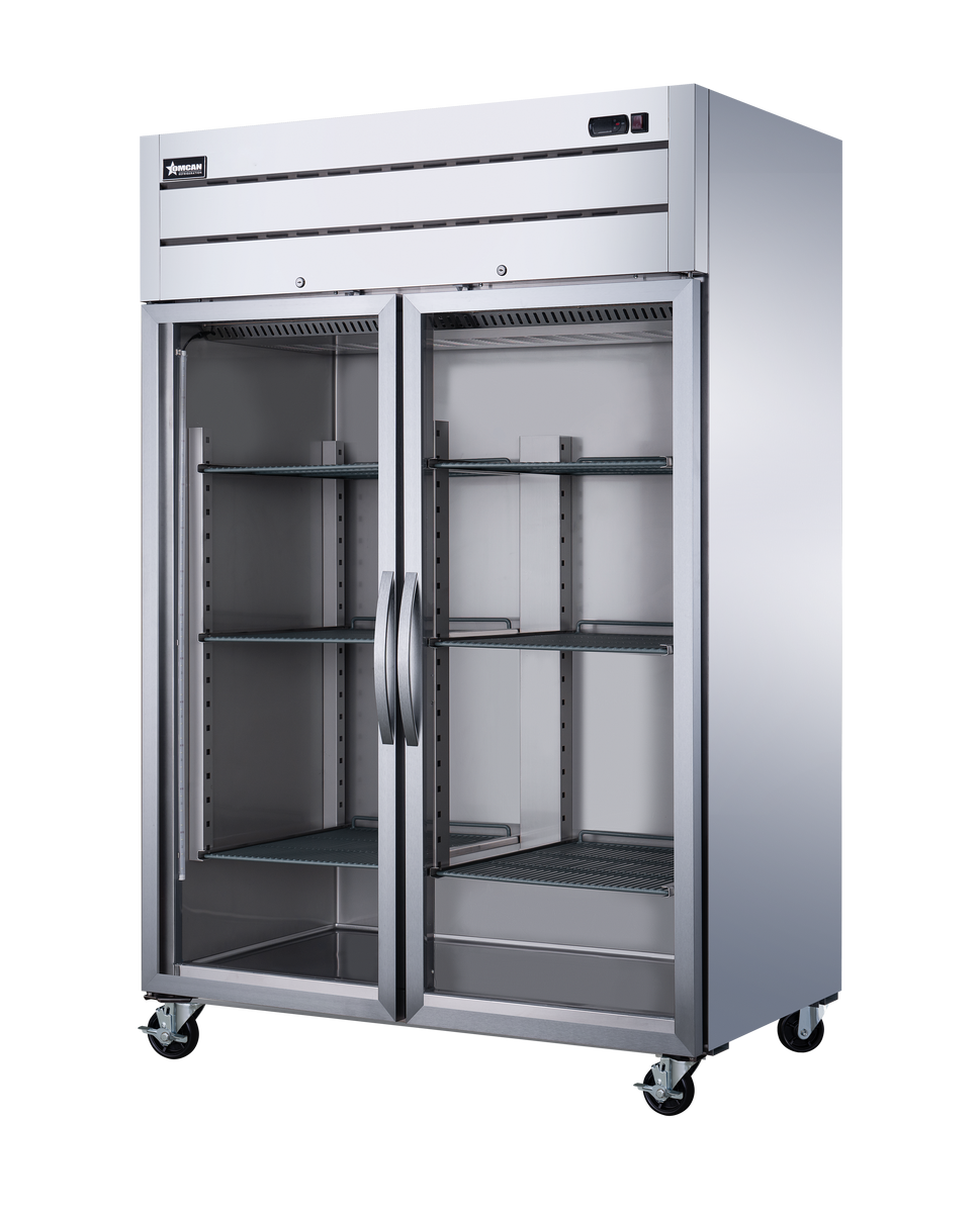 Omcan RE-CN-0054G-TM 54 In. Stainless Steel Reach-In Refrigerator, 2 Glass Doors, 43.1 Cu. Ft., Top-Mounted