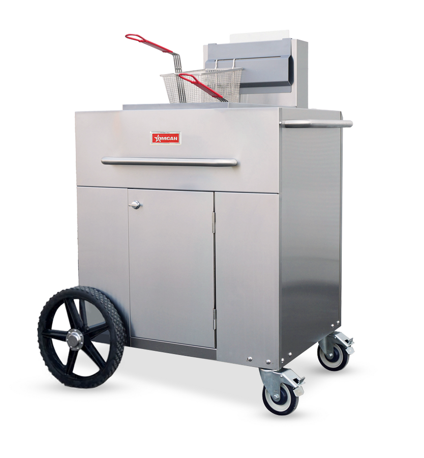Omcan 47354 38 In. Outdoor Portable Propane Fryer, Single Tank, 93,000 BTU, Stainless Steel, 14 In. Wheels