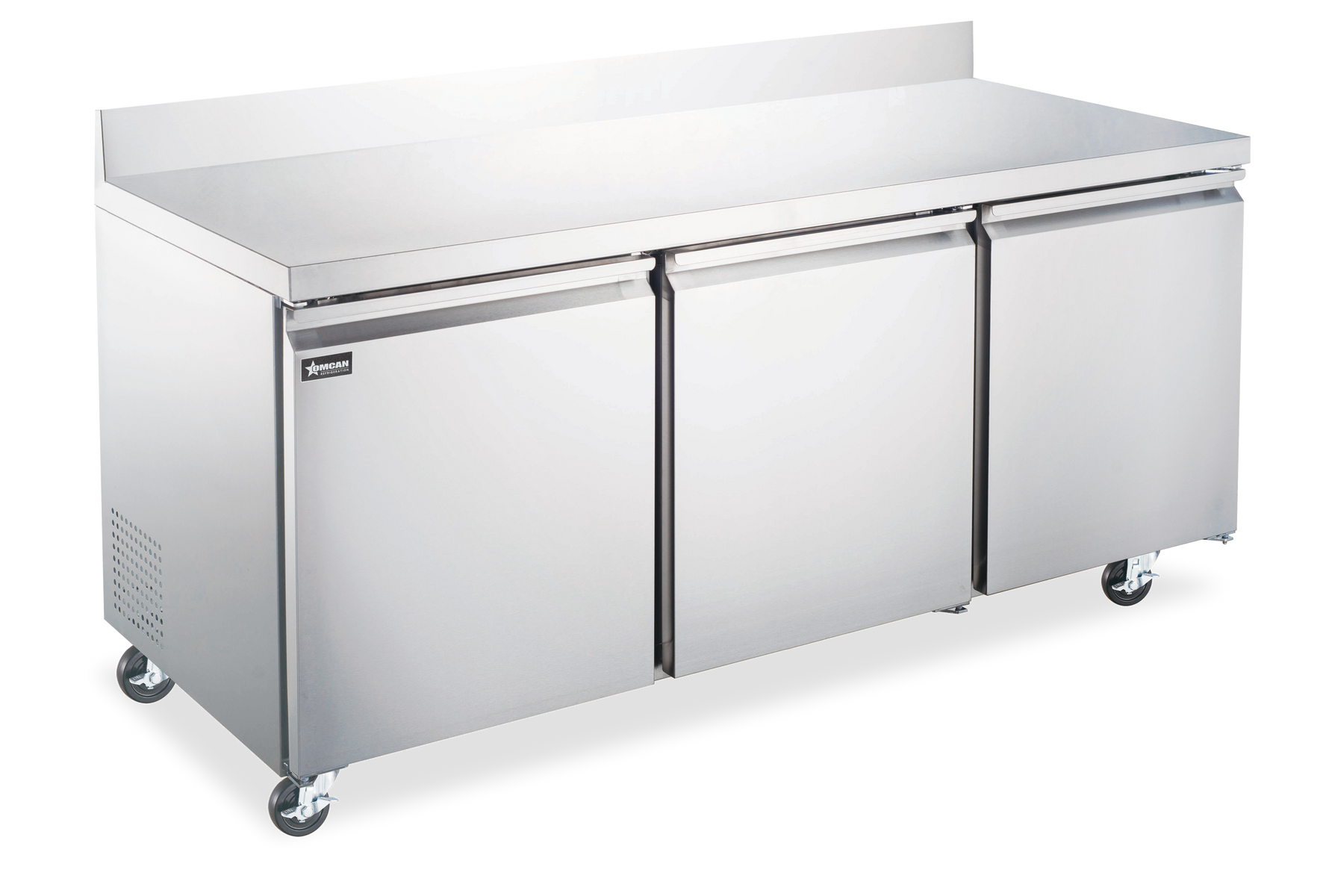 Omcan RE-CN-0016-BS-HC 72 In. Worktop Refrigerator with Backsplash, 17 Cu. Ft., 3 Doors, Stainless Steel