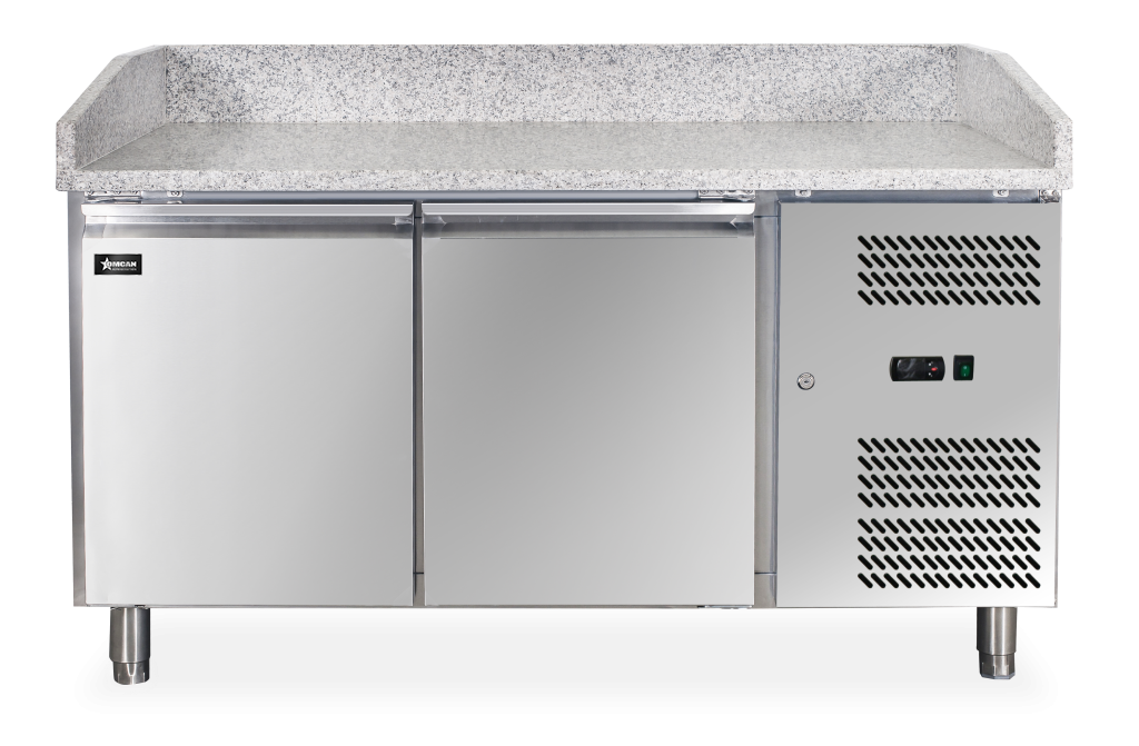 Omcan 39592 59 In. Granite Top Refrigerated Pizza Prep Table, 2 Doors, 13.8 Cu. Ft., Embraco Compressor