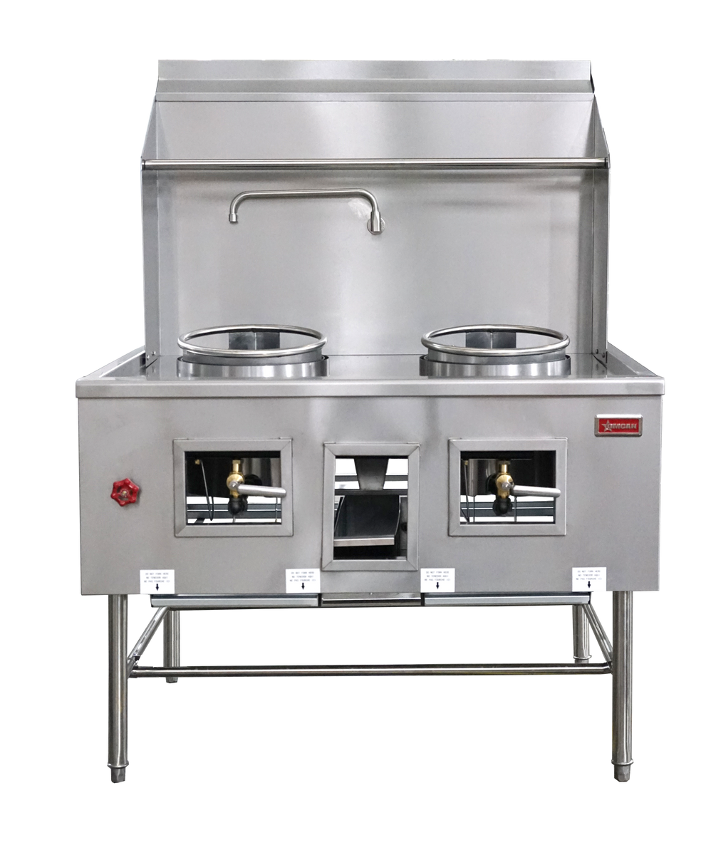 Omcan CE-CN-W2L1-NG 47.5 In. Natural Gas Chamber Wok Range, 2 chambers (13" + 16"), 220,000 BTU, Stainless Steel Faucet and Backsplash