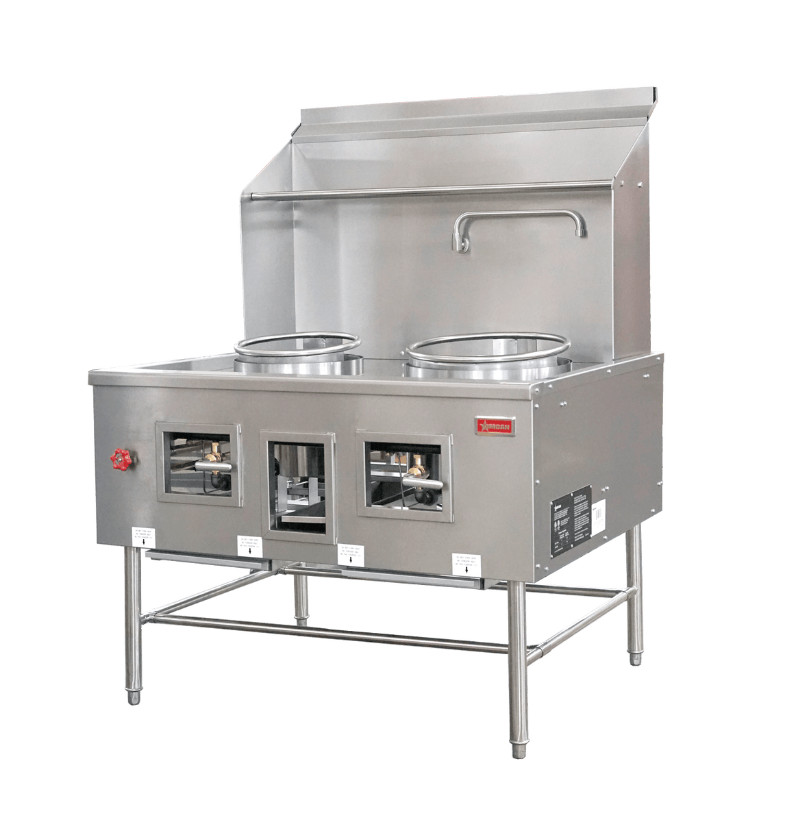 Omcan CE-CN-W2L0-NG 47.5 In. Natural Gas Chamber Wok Range, 2 chambers (2x13"), 190,000 BTU, Stainless Steel Faucet and Backsplash