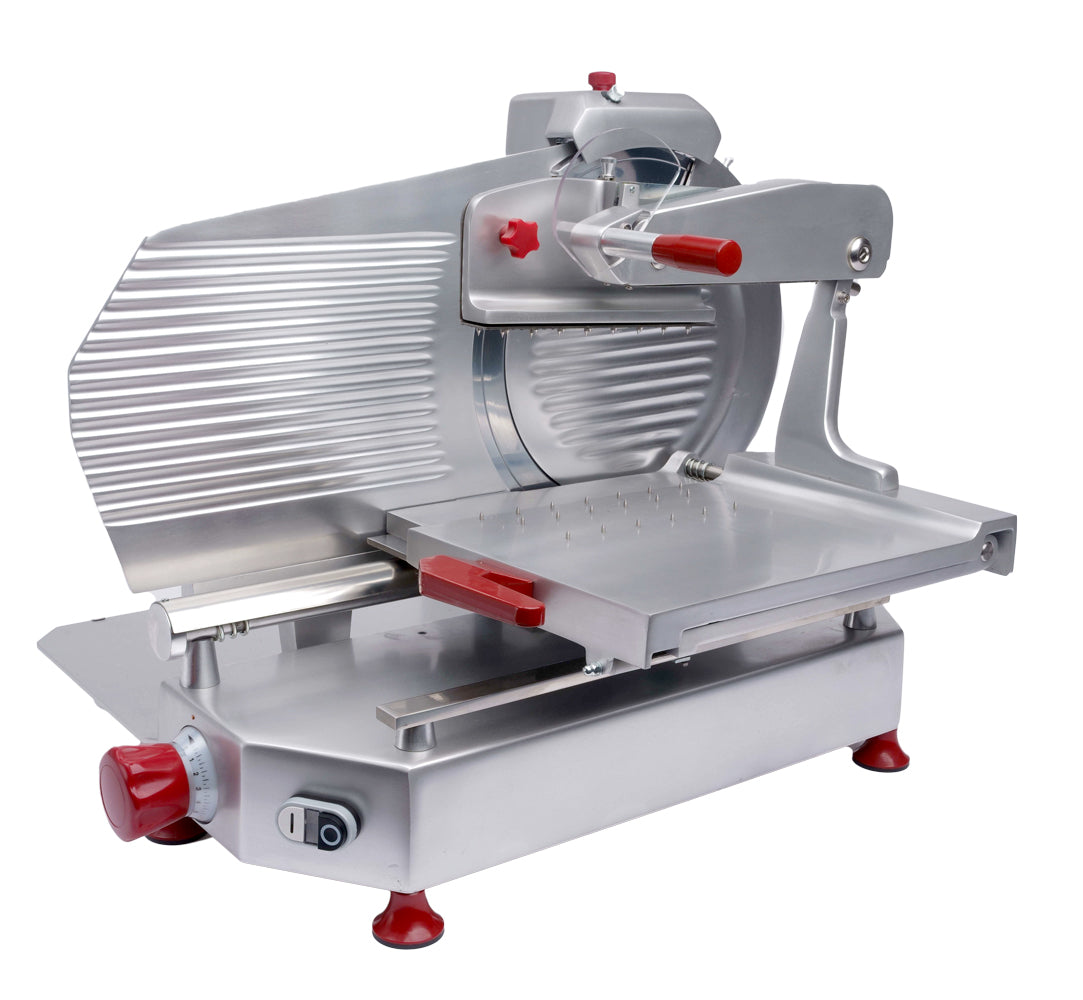 Omcan 46162 12 In. Horizontal Belt-Driven Meat Slicer, 370W, Anodized Aluminum, Made in Italy