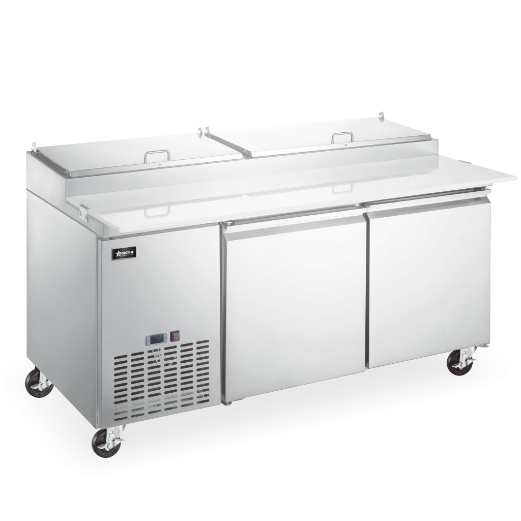 Omcan 50043 71 In. Refrigerated Pizza Prep Table, 2 Doors, 9 Pan Capacity, Stainless Steel